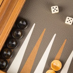 Reise-Backgammon, Graubeiges Straußenleder-Optik